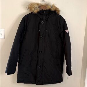 GUESS Classic Black Coat faux fur hood heavyweight warmth pockets butto zip XL